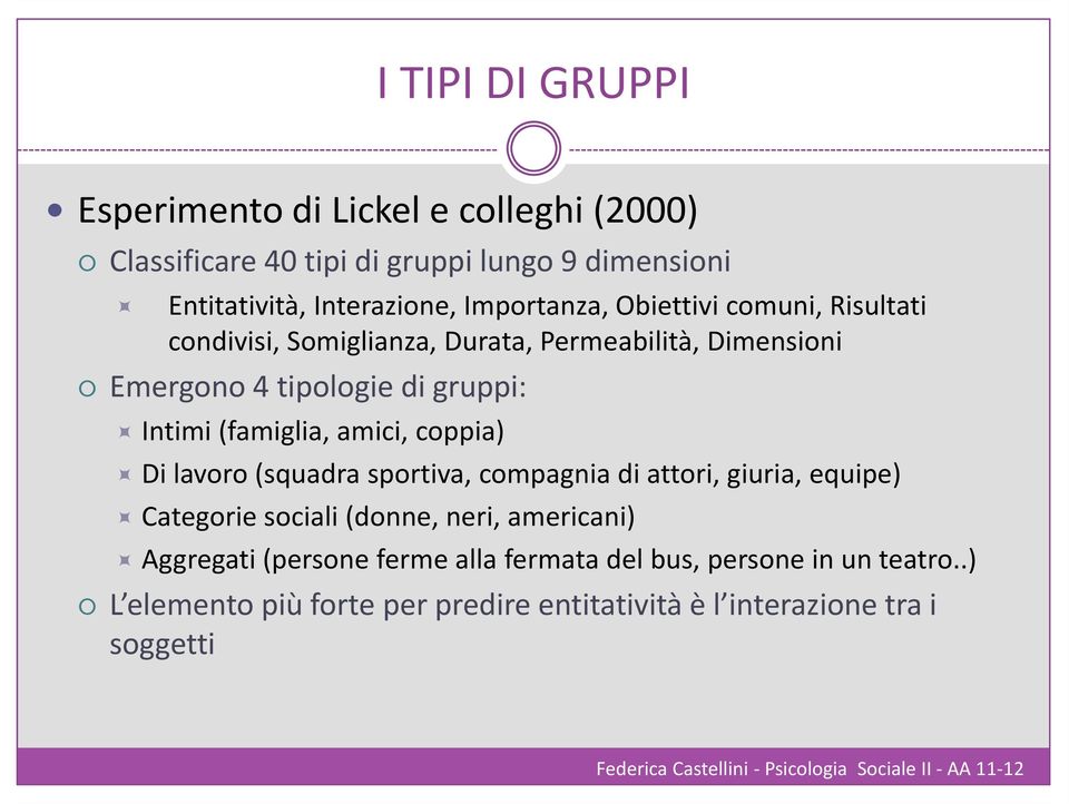 (famiglia, amici, coppia) Di lavoro (squadra sportiva, compagnia di attori, giuria, equipe) Categorie sociali (donne, neri, americani)