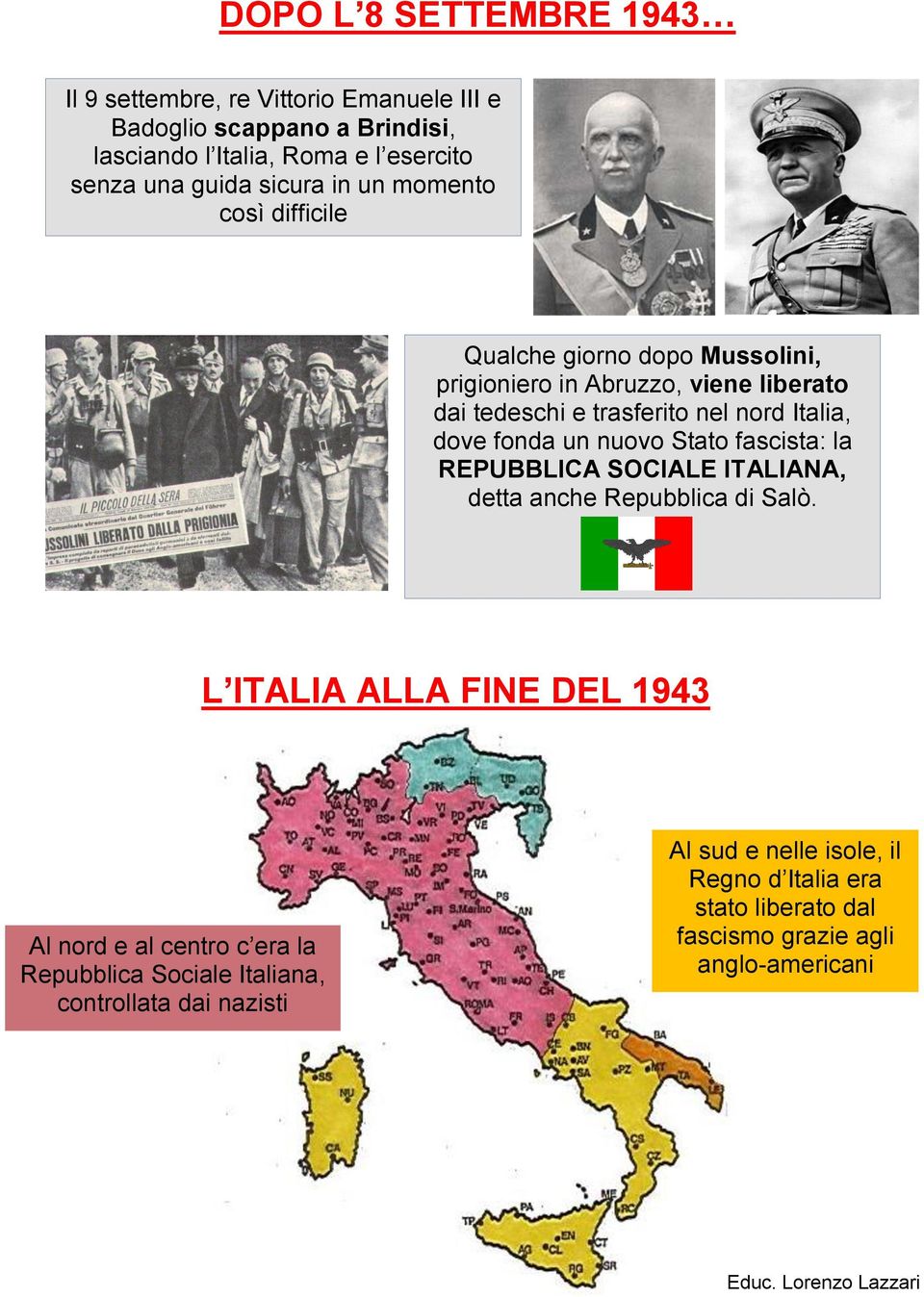 dove fonda un nuovo Stato fascista: la REPUBBLICA SOCIALE ITALIANA, detta anche Repubblica di Salò.