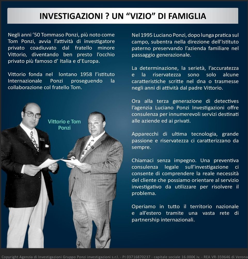 più famoso d Italia e d Europa. Vittorio fonda nel lontano 1958 l istituto Internazionale Ponzi proseguendo la collaborazione col fratello Tom.