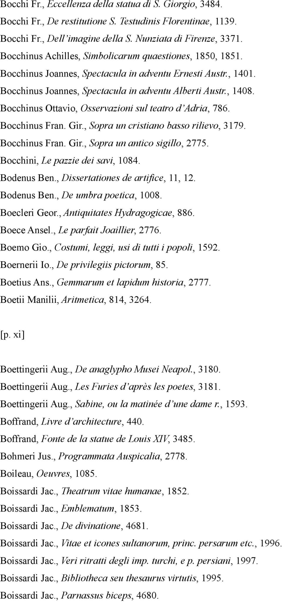 Bocchinus Ottavio, Osservazioni sul teatro d Adria, 786. Bocchinus Fran. Gir., Sopra un cristiano basso rilievo, 3179. Bocchinus Fran. Gir., Sopra un antico sigillo, 2775.