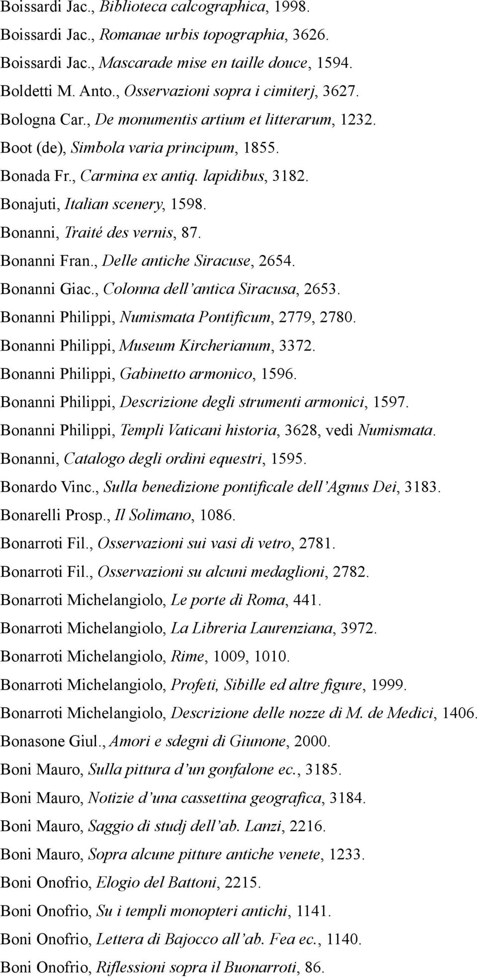 Bonajuti, Italian scenery, 1598. Bonanni, Traité des vernis, 87. Bonanni Fran., Delle antiche Siracuse, 2654. Bonanni Giac., Colonna dell antica Siracusa, 2653.