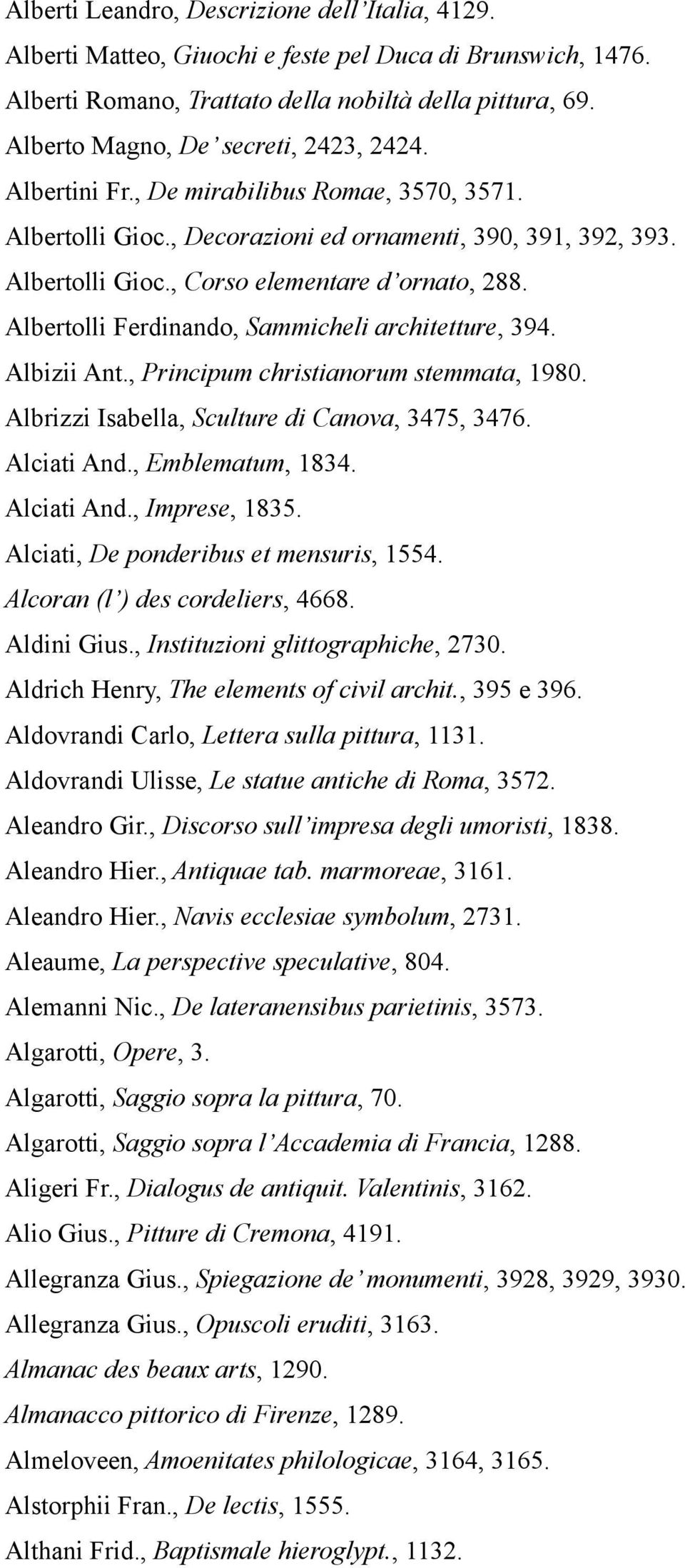 Albertolli Ferdinando, Sammicheli architetture, 394. Albizii Ant., Principum christianorum stemmata, 1980. Albrizzi Isabella, Sculture di Canova, 3475, 3476. Alciati And., Emblematum, 1834.