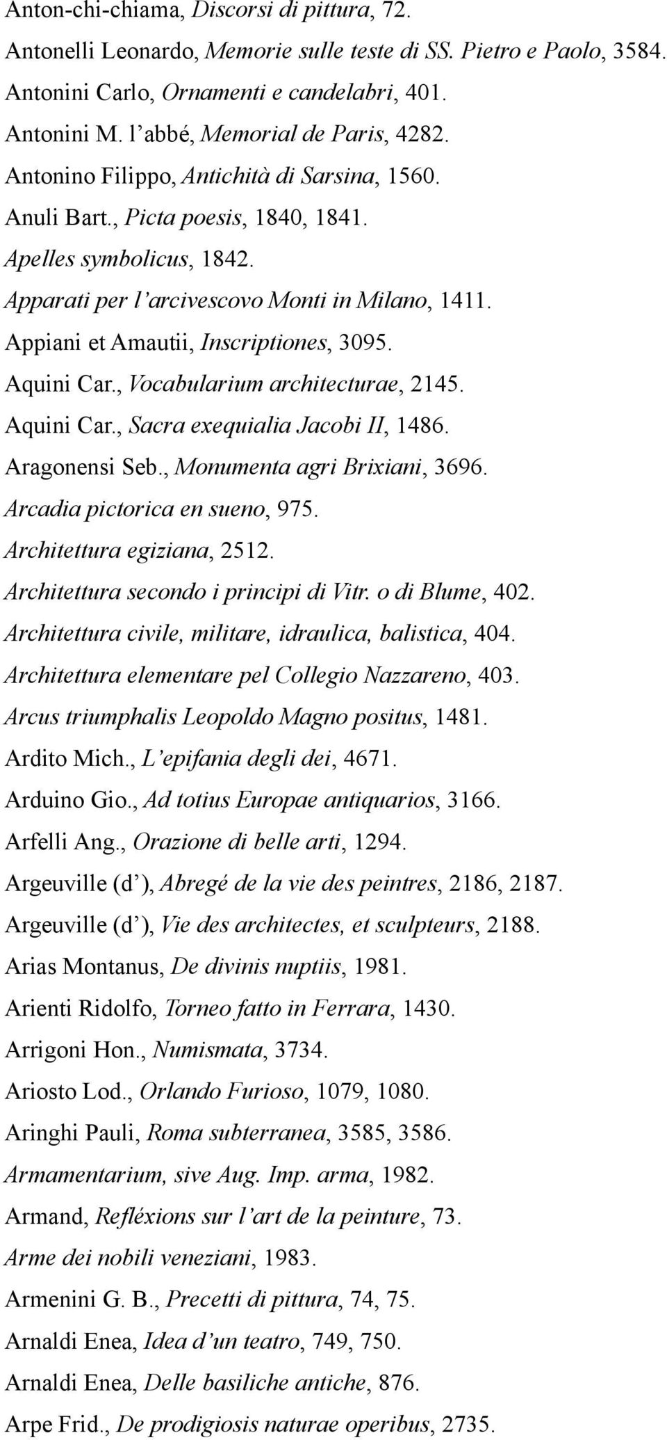 Appiani et Amautii, Inscriptiones, 3095. Aquini Car., Vocabularium architecturae, 2145. Aquini Car., Sacra exequialia Jacobi II, 1486. Aragonensi Seb., Monumenta agri Brixiani, 3696.