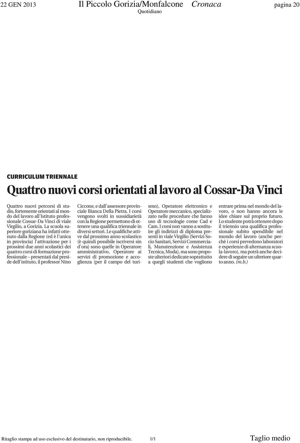 La scuola superiore goriziana ha infatti ottenuto dalla Regione (ed è l'unica in provincia) l attivazione per i prossimi due anni scolastici dei quattro corsi di formazione professionale presentati