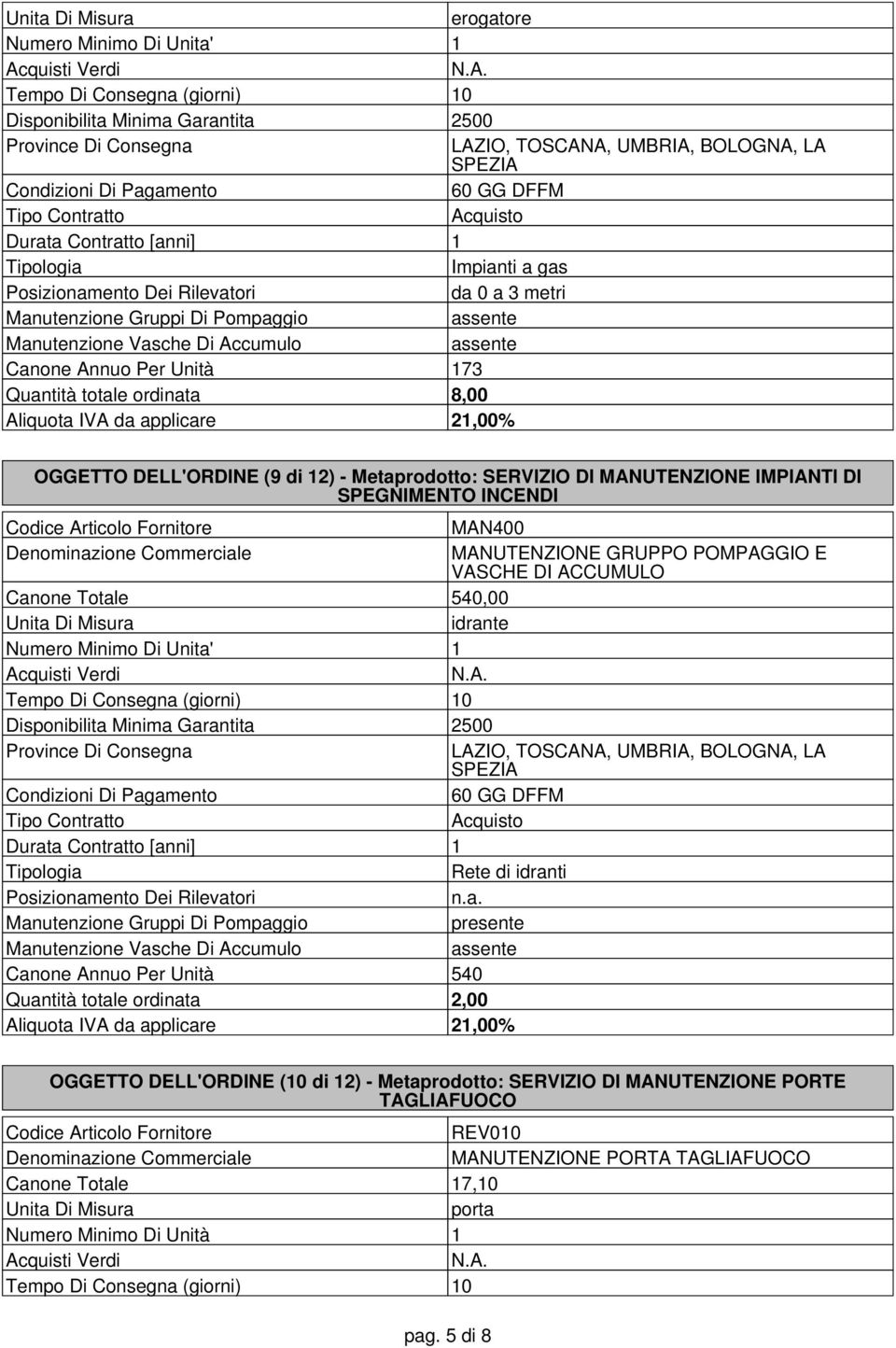 idrante Province Di Consegna Rete di idranti n.a. Manutenzione Gruppi Di Pompaggio presente Manutenzione Vasche Di Accumulo Canone Annuo Per Unità 540 Quantità totale ordinata 2,00