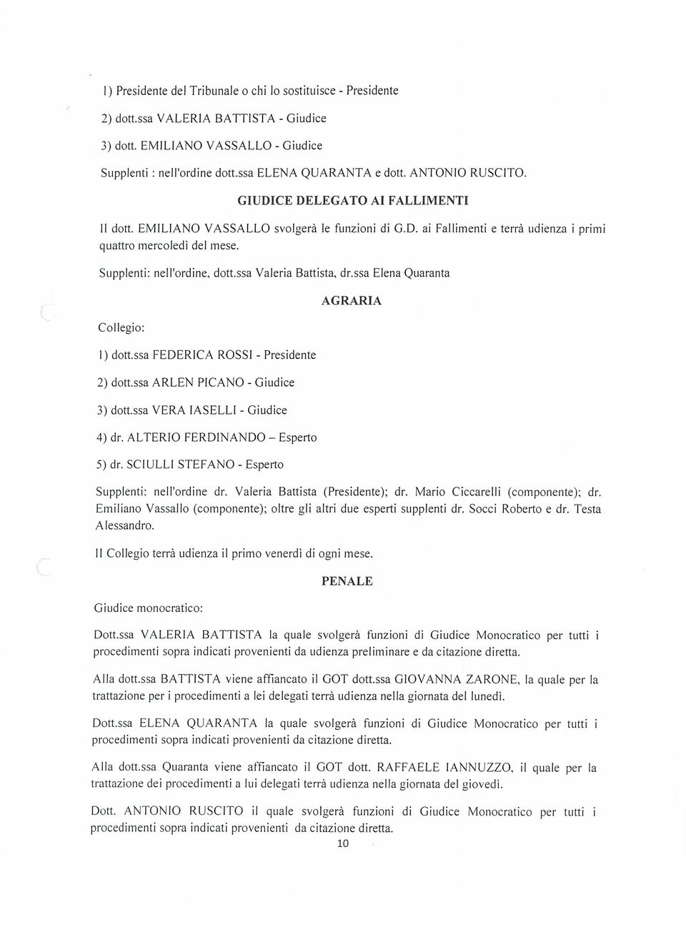 Supplenti: nel l'ord ine, dott.ssa Valeria Battista, dr.ssa Elena Quaranta AGRARIA Collegio: l) dott.ssa FEDERICA ROSSI - Presidente 2) dott.ssa ARLEN PICANO - Giudice 3) dott.