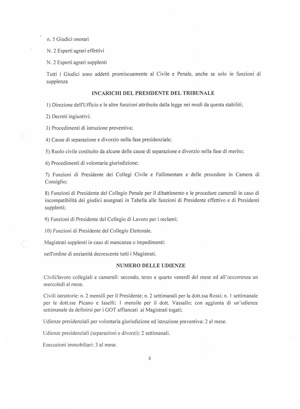 altre funzioni attribuite dalla legge nei modi da questa stabiliti; 2) Decreti ingiuntivi; 3) Procedimenti di istruzione preventiva; 4) Cause di separazione e divorzio nella fase presidenziale; 5)