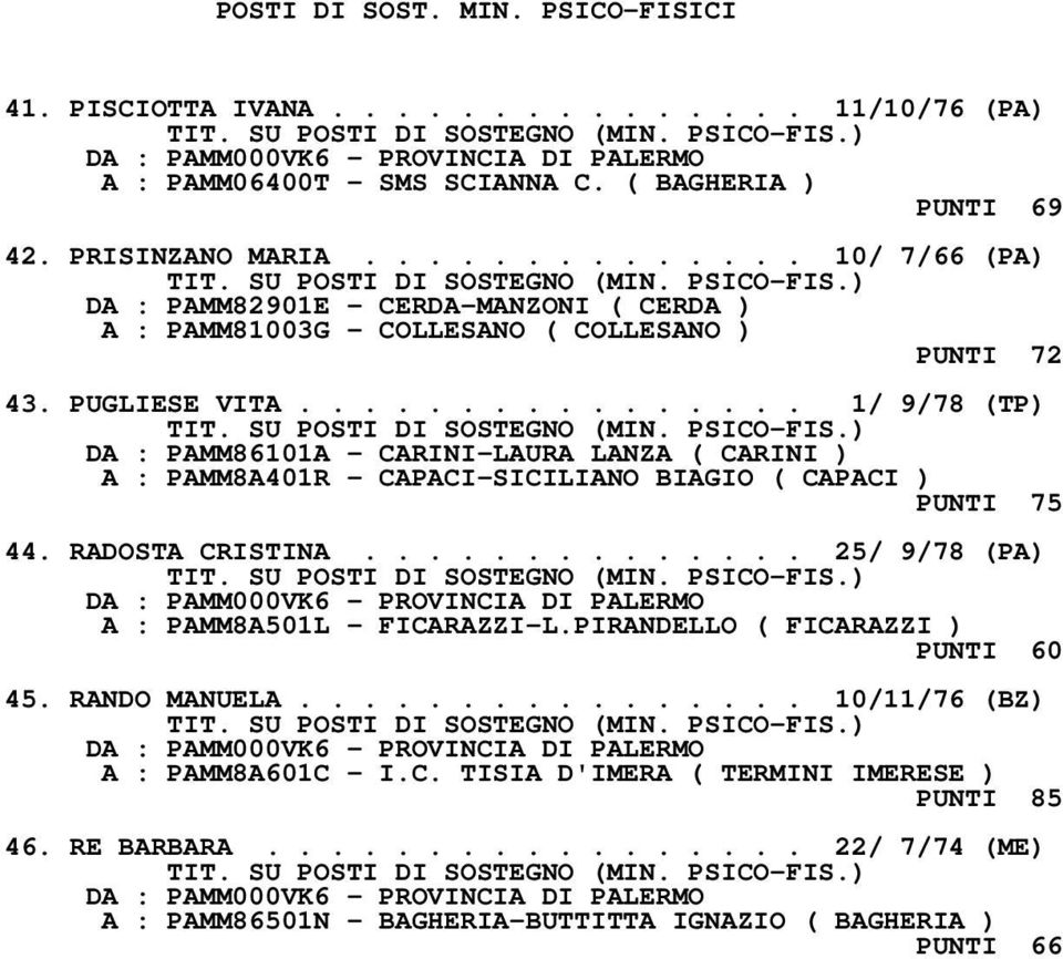 ............... 1/ 9/78 (TP) DA : PAMM86101A - CARINI-LAURA LANZA ( CARINI ) A : PAMM8A401R - CAPACI-SICILIANO BIAGIO ( CAPACI ) PUNTI 75 44. RADOSTA CRISTINA.