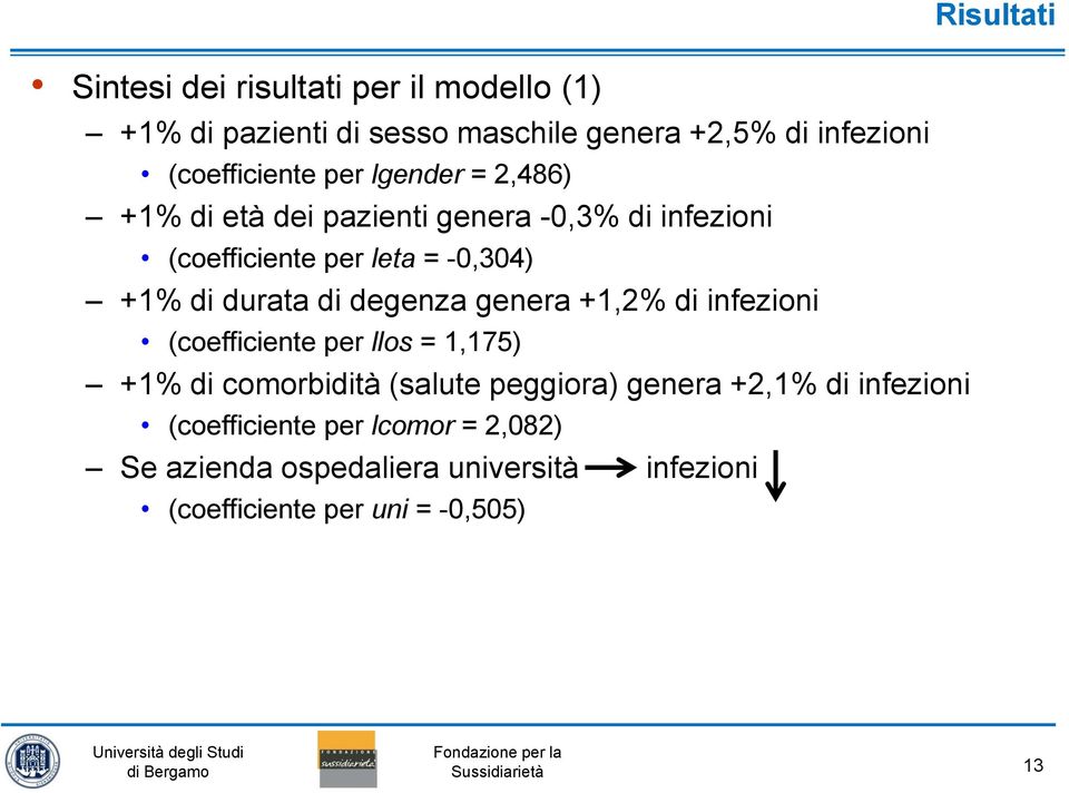 degenza genera +1,2% di infezioni (coefficiente per llos = 1,175 +1% di comorbidità (salute peggiora genera +2,1% di