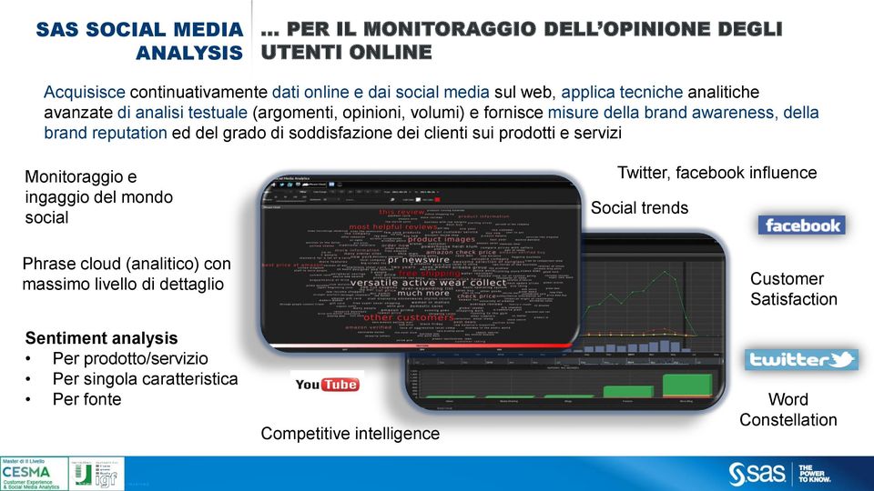 soddisfazione dei clienti sui prodotti e servizi Monitoraggio e ingaggio del mondo social Twitter, facebook influence Social trends Phrase cloud (analitico) con