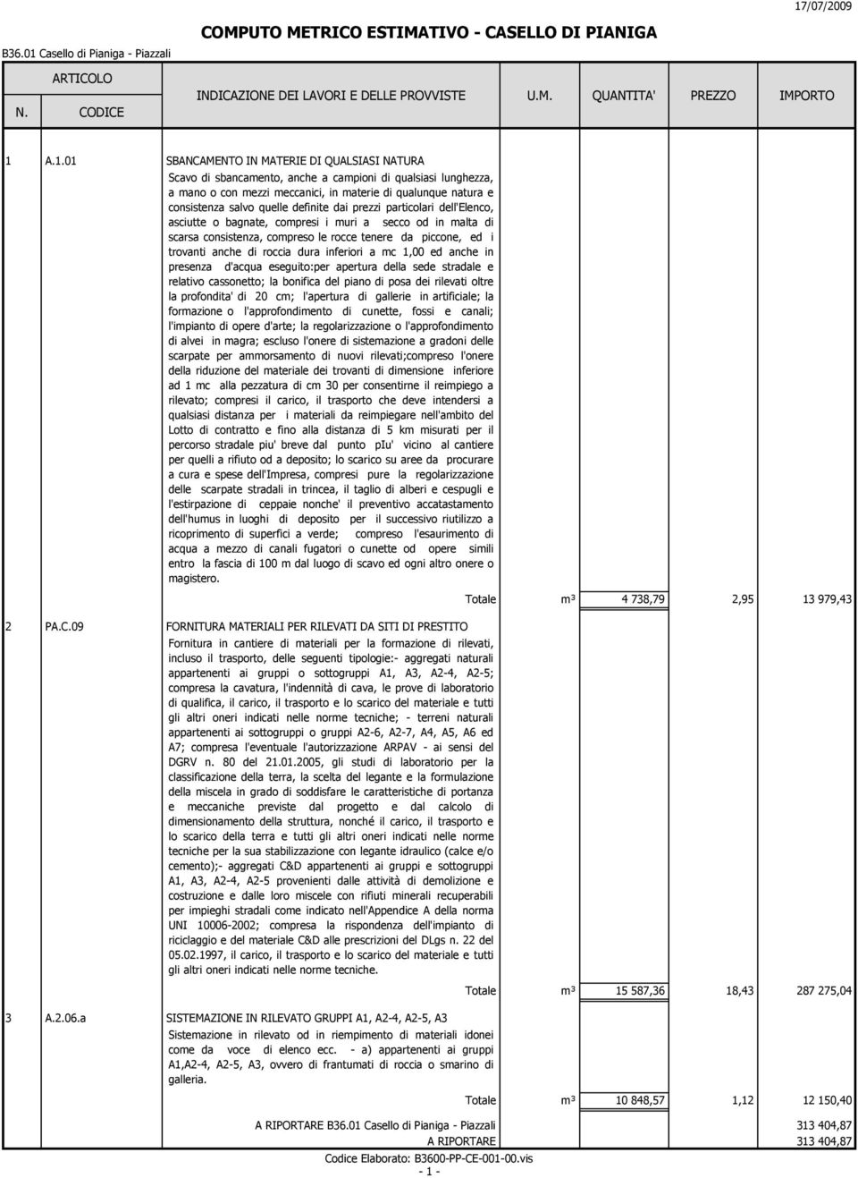 A.1.01 SBANCAMENTO IN MATERIE DI QUALSIASI NATURA Scavo di sbancaento, anche a capioni di qualsiasi lunghezza, a ano o con ezzi eccanici, in aterie di qualunque natura e consistenza salvo quelle