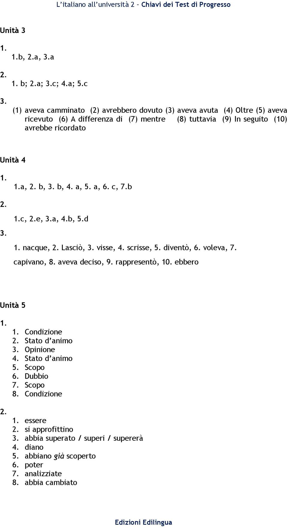 avrebbe ricordato Unità 4 a, b, b, 4. a, 5. a, 6. c, 7.b c, e, a, 4.b, 5.d nacque, Lasciò, visse, 4. scrisse, 5. diventò, 6. voleva, 7. capivano, 8.