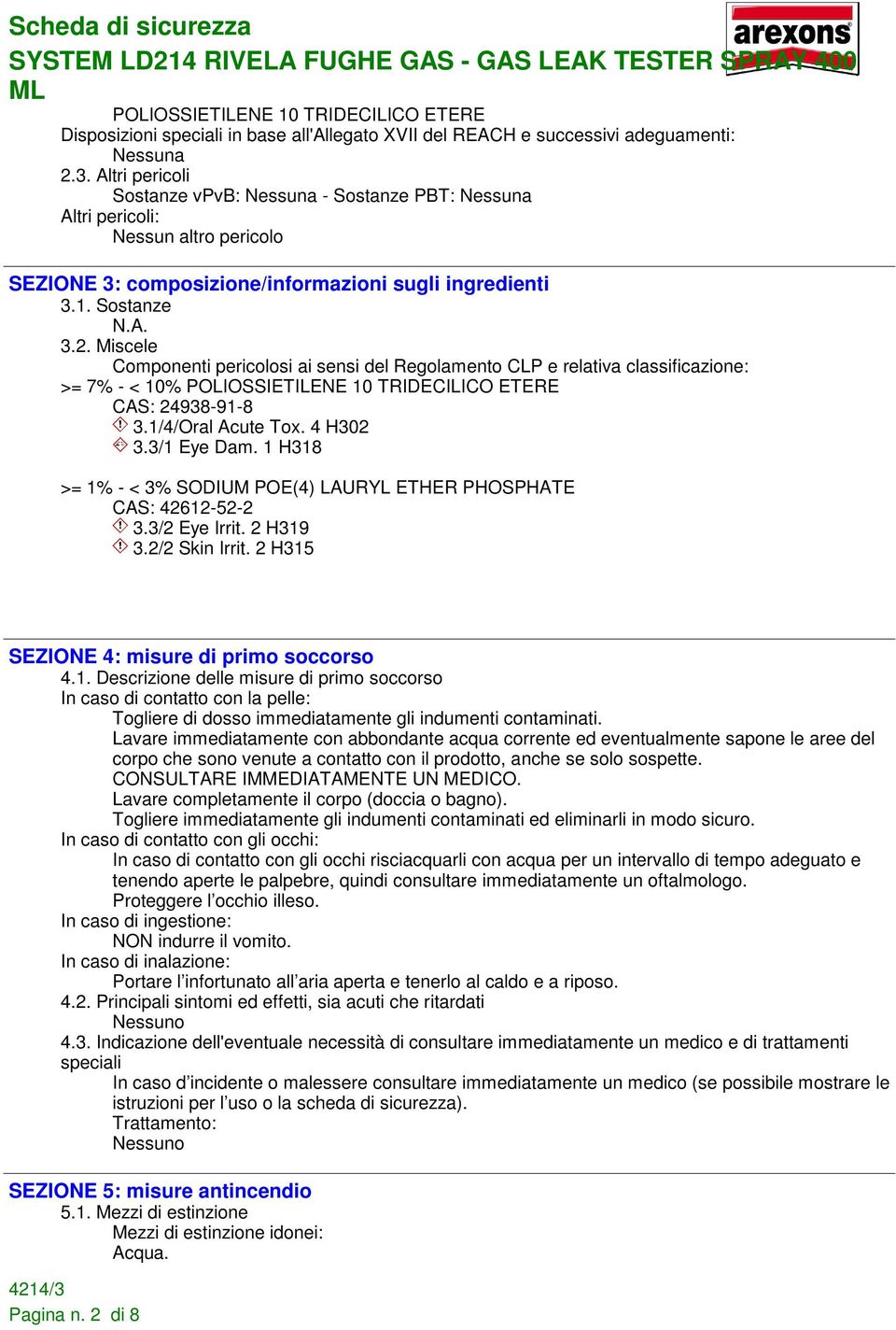 Miscele Componenti pericolosi ai sensi del Regolamento CLP e relativa classificazione: >= 7% - < 10% POLIOSSIETILENE 10 TRIDECILICO ETERE CAS: 24938-91-8 3.1/4/Oral Acute Tox. 4 H302 3.3/1 Eye Dam.