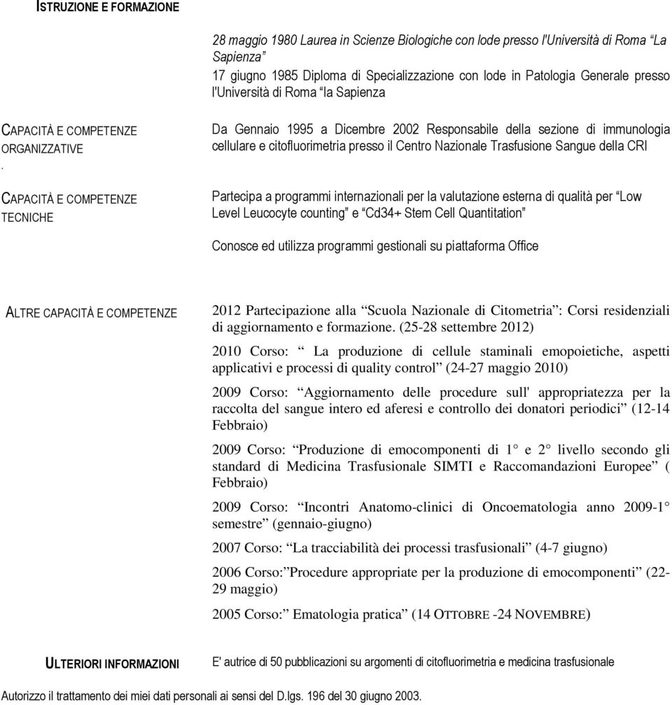 CAPACITÀ E COMPETENZE TECNICHE Da Gennaio 1995 a Dicembre 2002 Responsabile della sezione di immunologia cellulare e citofluorimetria presso il Centro Nazionale Trasfusione Sangue della CRI Partecipa