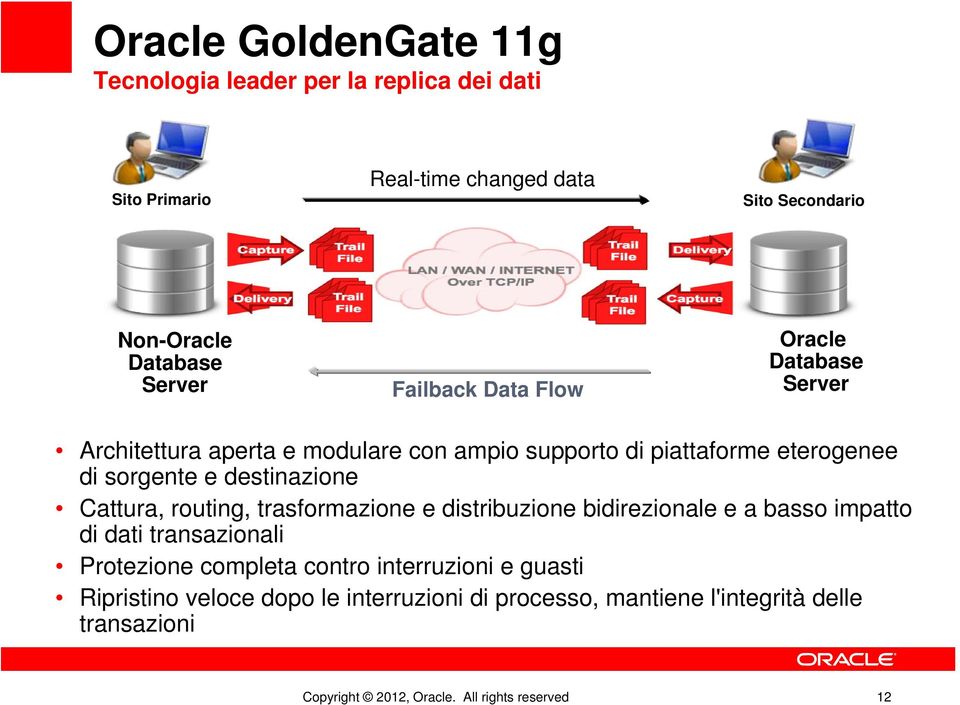 Cattura, routing, trasformazione e distribuzione bidirezionale e a basso impatto di dati transazionali Protezione completa contro interruzioni e