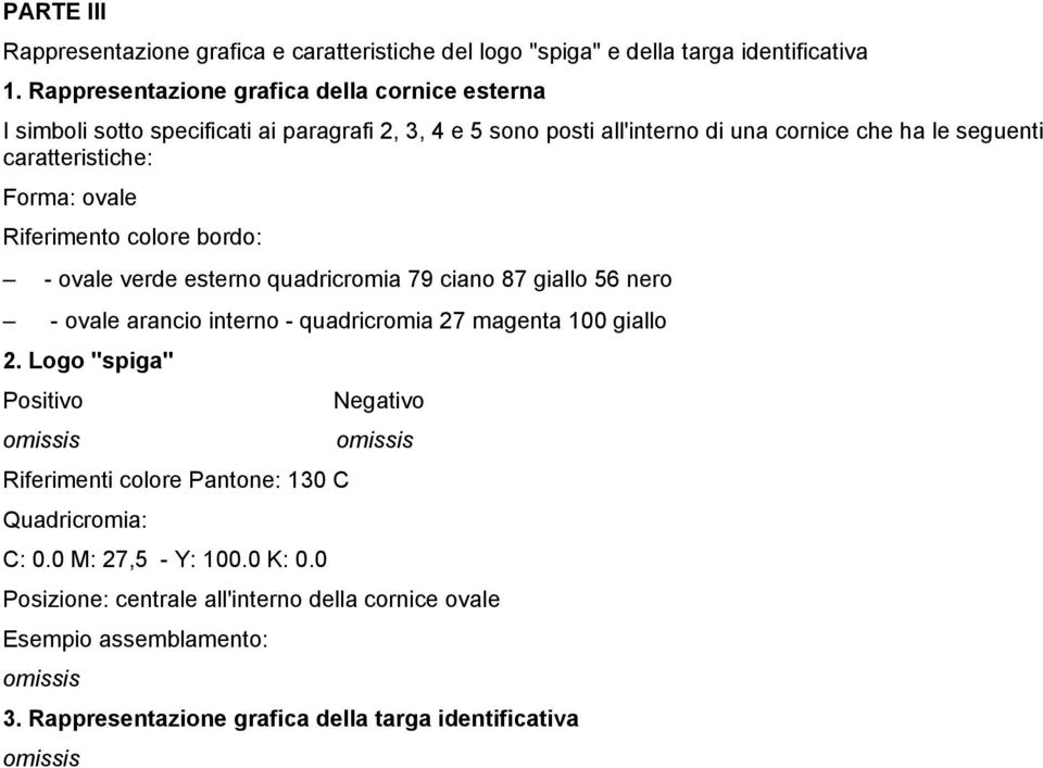 caratteristiche: Forma: ovale Riferimento colore bordo: - ovale verde esterno quadricromia 79 ciano 87 giallo 56 nero - ovale arancio interno - quadricromia 27 magenta