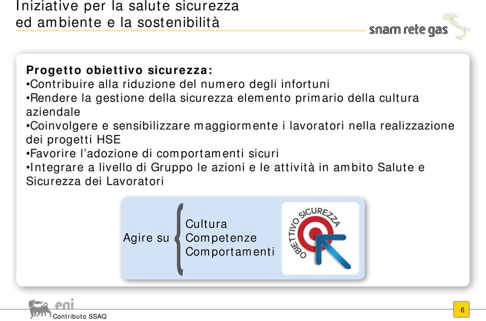 sensibilizzare maggiormente i lavoratori nella realizzazione dei progetti HSE Favorire l adozione di comportamenti sicuri