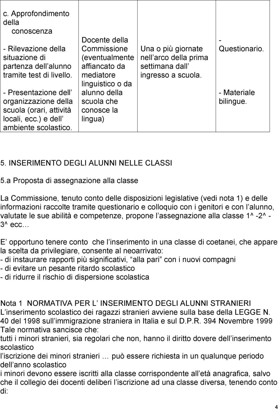 Docente della Commissione (eventualmente affiancato da mediatore linguistico o da alunno della scuola che conosce la lingua) Una o più giornate nell arco della prima settimana dall ingresso a scuola.