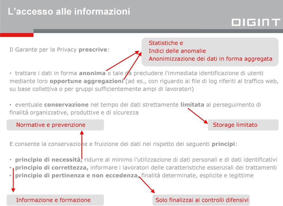 , con riguardo ai file di log riferiti al traffico web, su base collettiva o per gruppi sufficientemente ampi di lavoratori) eventuale conservazione nel tempo dei dati strettamente limitata al