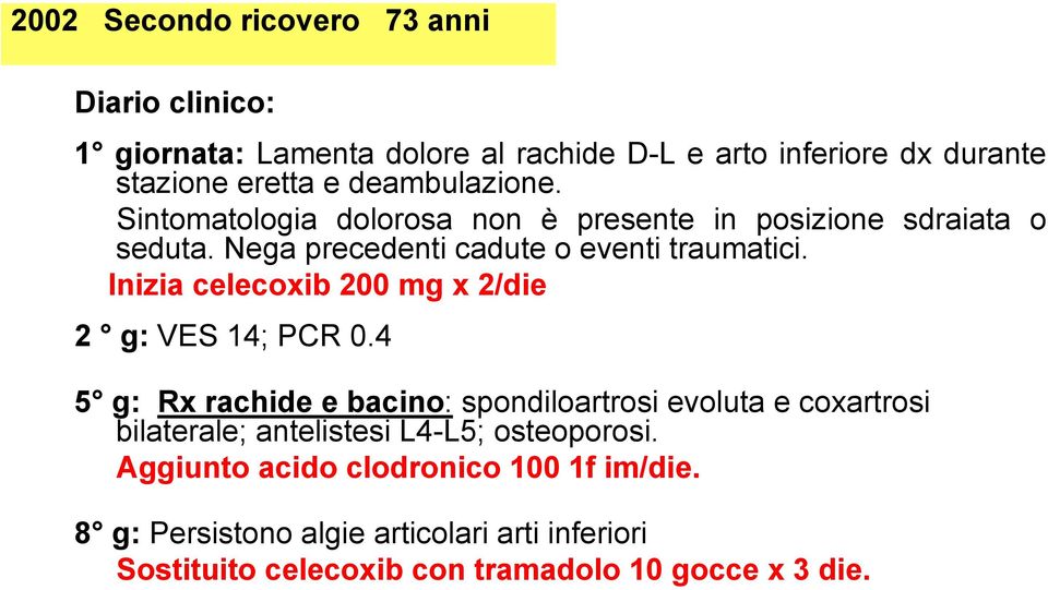 Inizia celecoxib 200 mg x 2/die 2 g: VES 14; PCR 0.