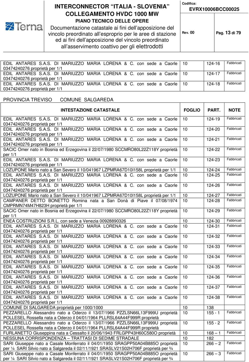 con sede a Caorle 03474240276 10 124-16 Fabbricati 10 124-17 Fabbricati 10 124-18 Fabbricati PROVINCIA TREVISO COMUNE SALGAREDA EDIL ANTARES S.A.S. DI MARIUZZO MARIA LORENA & C.