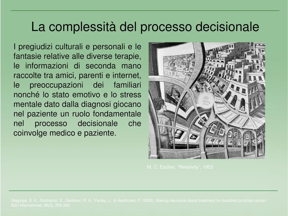 nel paziente un ruolo fondamentale nel processo decisionale che coinvolge medico e paziente. M. C. Escher, Relativity, 1953 Steginga, S. K.