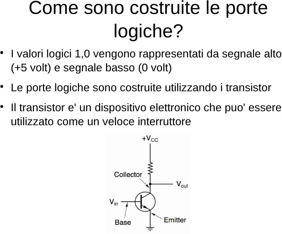 segnale basso (0 volt) Le porte logiche sono costruite utilizzando i