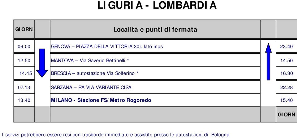 30 07.13 SARZANA RA VIA VARIANTE CISA 22.28 13.40 MILANO - Stazione FS/Metro Rogoredo 15.