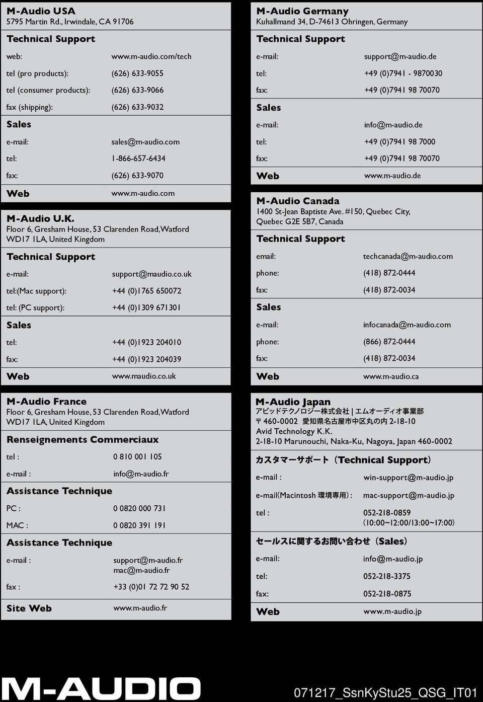 m-audio.com M-Audio U.K. Floor 6, Gresham House, 53 Clarenden Road, Watford WD17 1LA, United Kingdom Technical Support e-mail: support@maudio.co.uk tel:(mac support): +44 (0)1765 650072 tel: (PC support): +44 (0)1309 671301 Sales tel: +44 (0)1923 204010 fax: +44 (0)1923 204039 Web www.