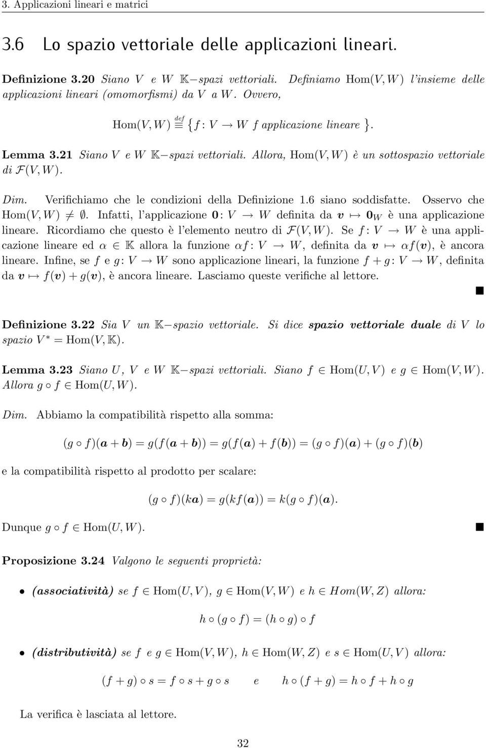 Verifichiamo che le condizioni della Definizione 1.6 siano soddisfatte. Osservo che Hom(V, W. Infatti, l applicazione 0: V W definita da v 0 W è una applicazione lineare.