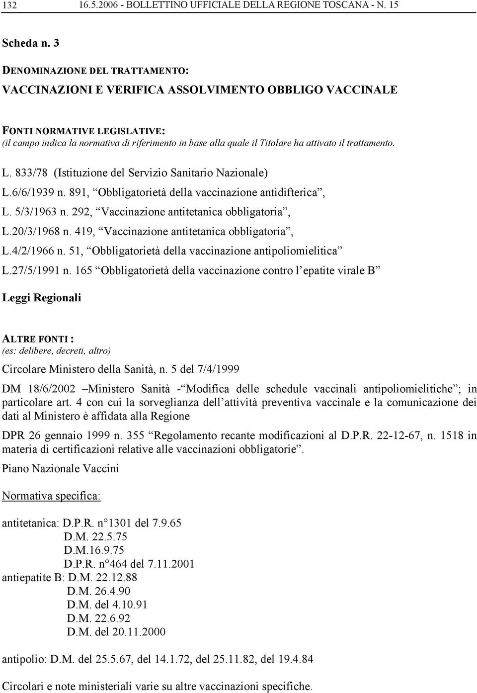 attivato il trattamento. L. 833/78 (Istituzione del Servizio Sanitario Nazionale) L.6/6/1939 n. 891, Obbligatorietà della vaccinazione antidifterica, L. 5/3/1963 n.