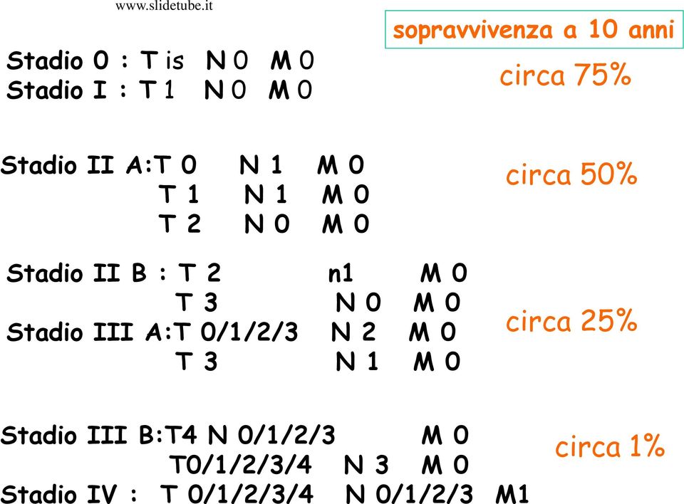 0 T 3 N 0 M 0 Stadio III A:T 0/1/2/3 N 2 M 0 T 3 N 1 M 0 circa 25% Stadio III