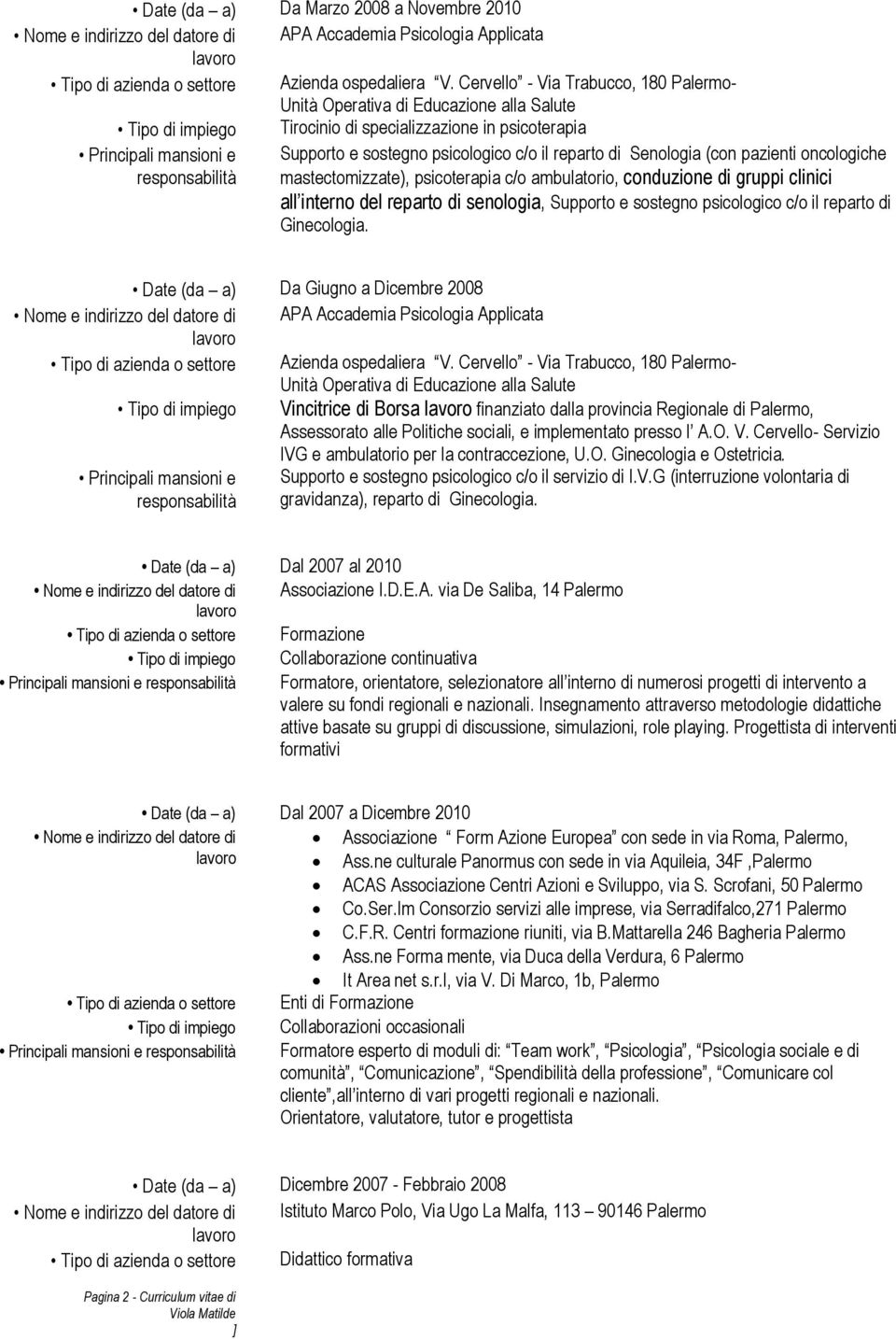 Senologia (con pazienti oncologiche mastectomizzate), psicoterapia c/o ambulatorio, conduzione di gruppi clinici all interno del reparto di senologia, Supporto e sostegno psicologico c/o il reparto