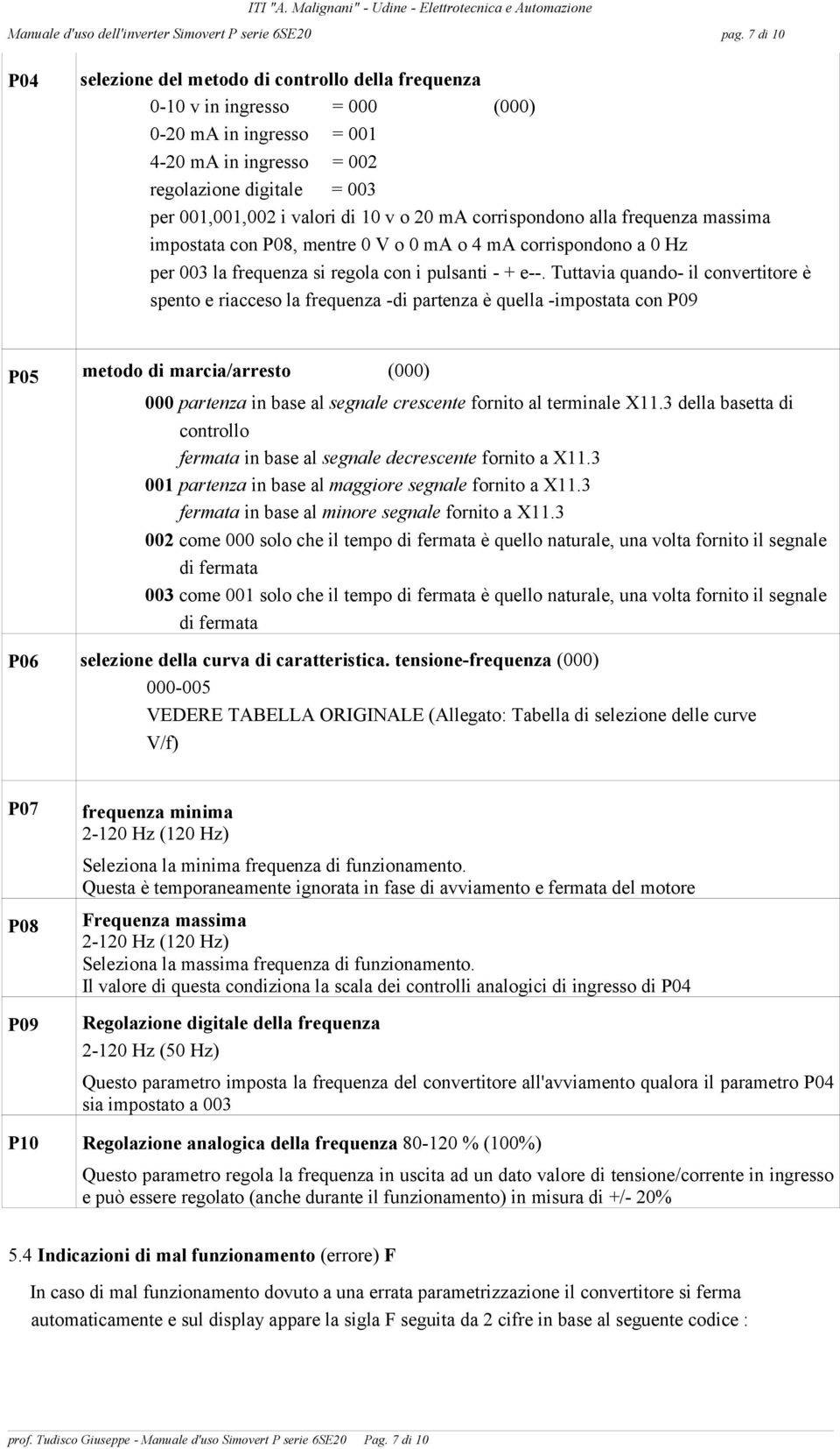 10 v o 20 ma corrispondono alla frequenza massima impostata con P08, mentre 0 V o 0 ma o 4 ma corrispondono a 0 Hz per 003 la frequenza si regola con i pulsanti - + e--.