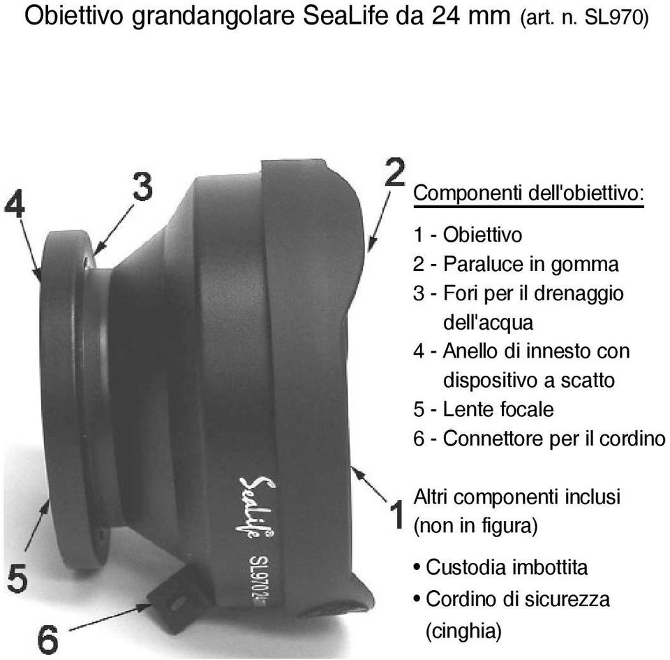 drenaggio dell'acqua 4 - Anello di innesto con dispositivo a scatto 5 - Lente focale