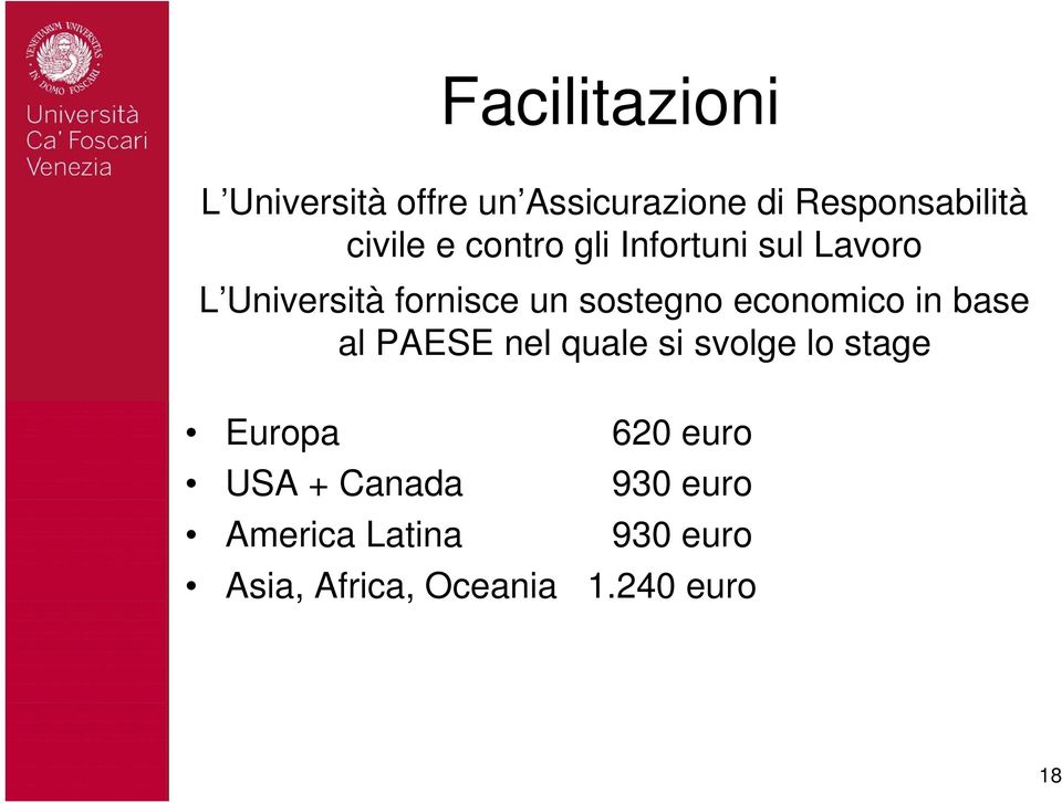 sostegno economico in base al PAESE nel quale si svolge lo stage Europa