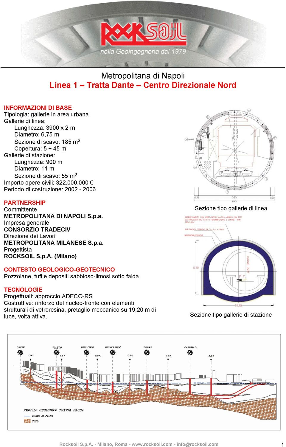 p.a. Progettista ROCKSOIL S.p.A. (Milano) Sezione tipo gallerie di linea CONTESTO GEOLOGICO-GEOTECNICO Pozzolane, tufi e depositi sabbioso-limosi sotto falda.