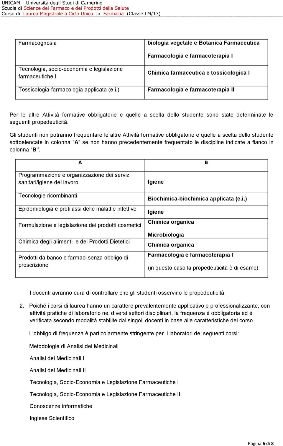 tossicologica I Farmacologia e farmacoterapia II Per le altre Attività formative obbligatorie e quelle a scelta dello studente sono state determinate le seguenti propedeuticità.