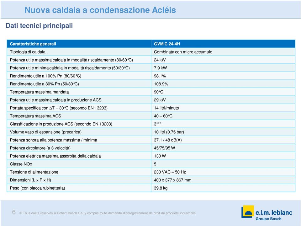 9% Temperatura massima mandata 90 C Potenza utile massima caldaia in produzione ACS 29 kw Portata specifica con T = 30 C (secondo EN 13203) 14 litri/minuto Temperatura massima ACS 40 60 C