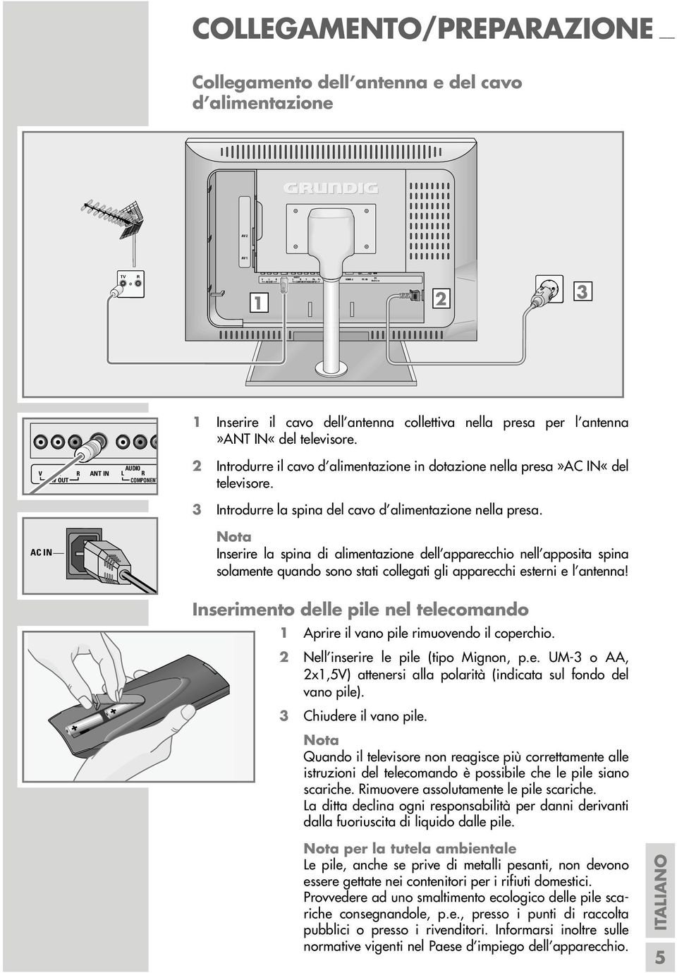 V L AV OUT R ANT IN AUDIO L R COMPONENT 2 Introdurre il cavo d alimentazione in dotazione nella presa»ac IN«del televisore. 3 Introdurre la spina del cavo d alimentazione nella presa.