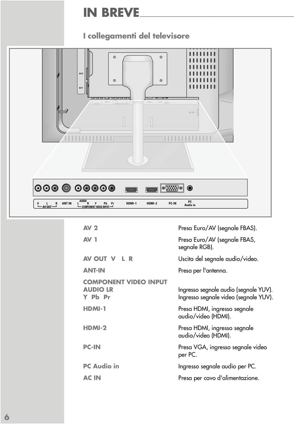 FBAS). Presa Euro/AV (segnale FBAS, segnale RGB). Uscita del segnale audio/video. Presa per l'antenna. Ingresso segnale audio (segnale YUV). Ingresso segnale video (segnale YUV).