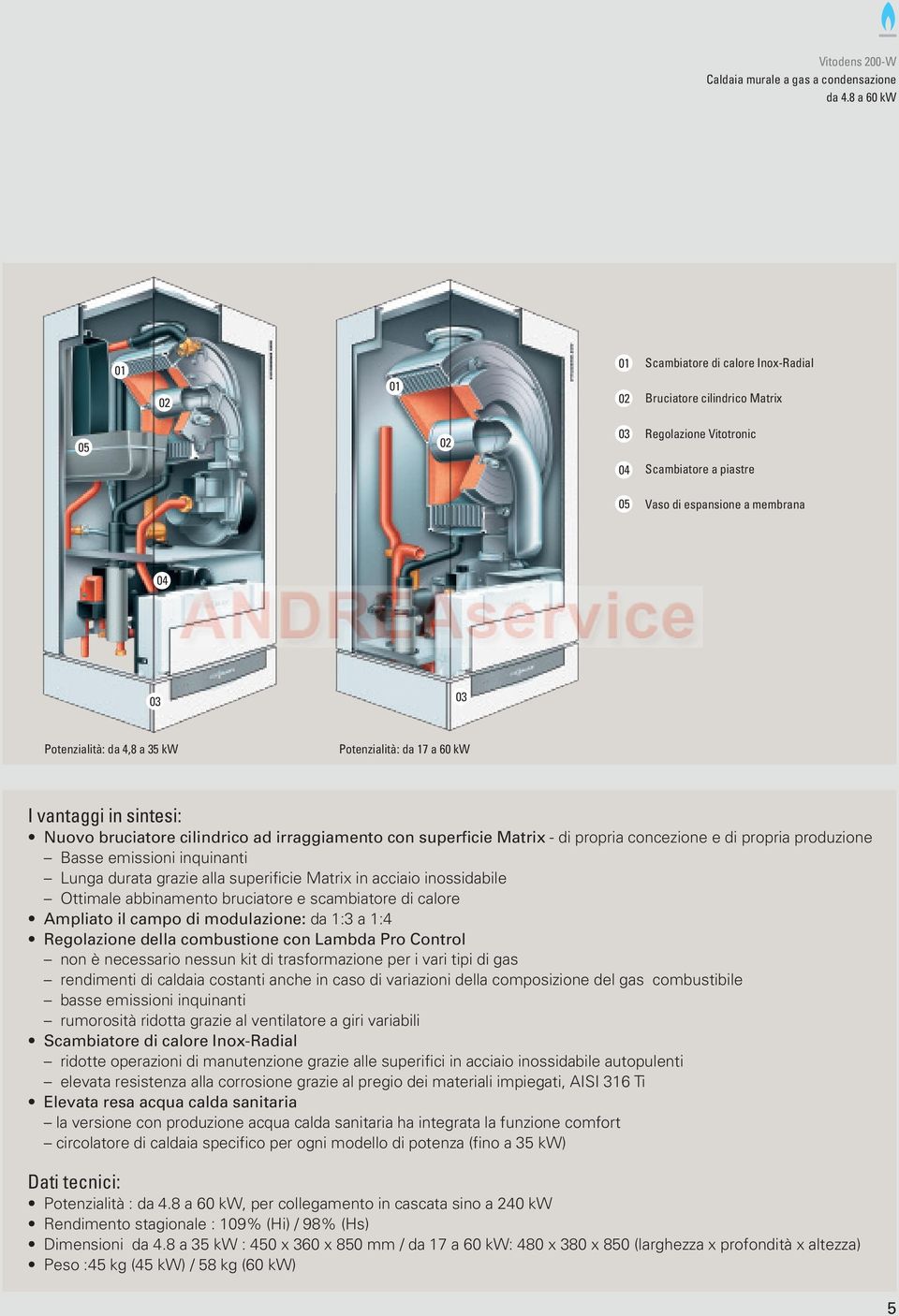 Potenzialità: da 4,8 a 35 kw Potenzialità: da 17 a 60 kw I vantaggi in sintesi: Nuovo bruciatore cilindrico ad irraggiamento con superficie Matrix - di propria concezione e di propria produzione