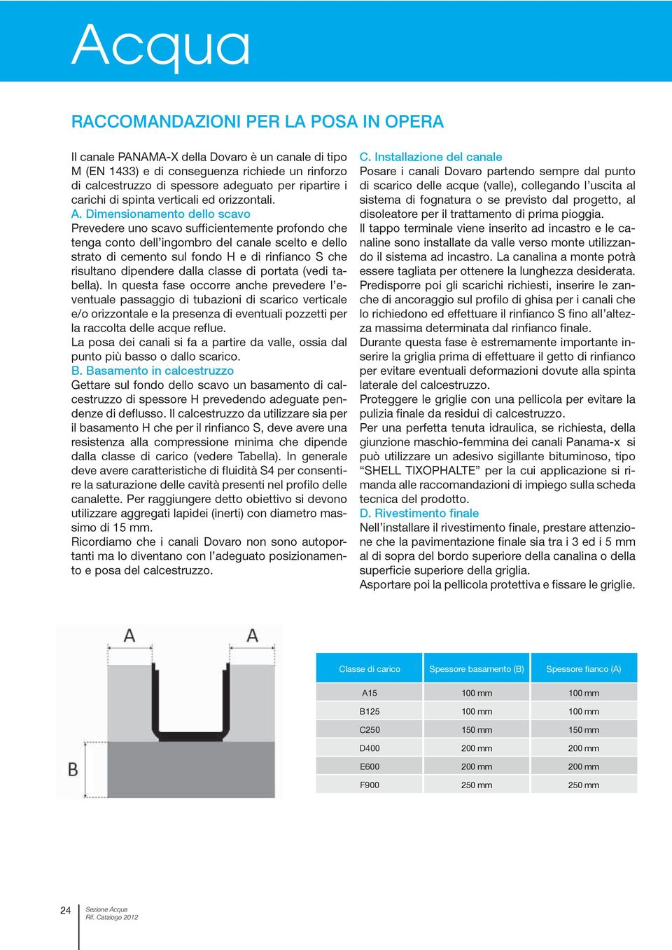 Dimensionamento dello scavo Prevedere uno scavo sufficientemente profondo che tenga conto dell ingombro del canale scelto e dello strato di cemento sul fondo H e di rinfianco S che risultano