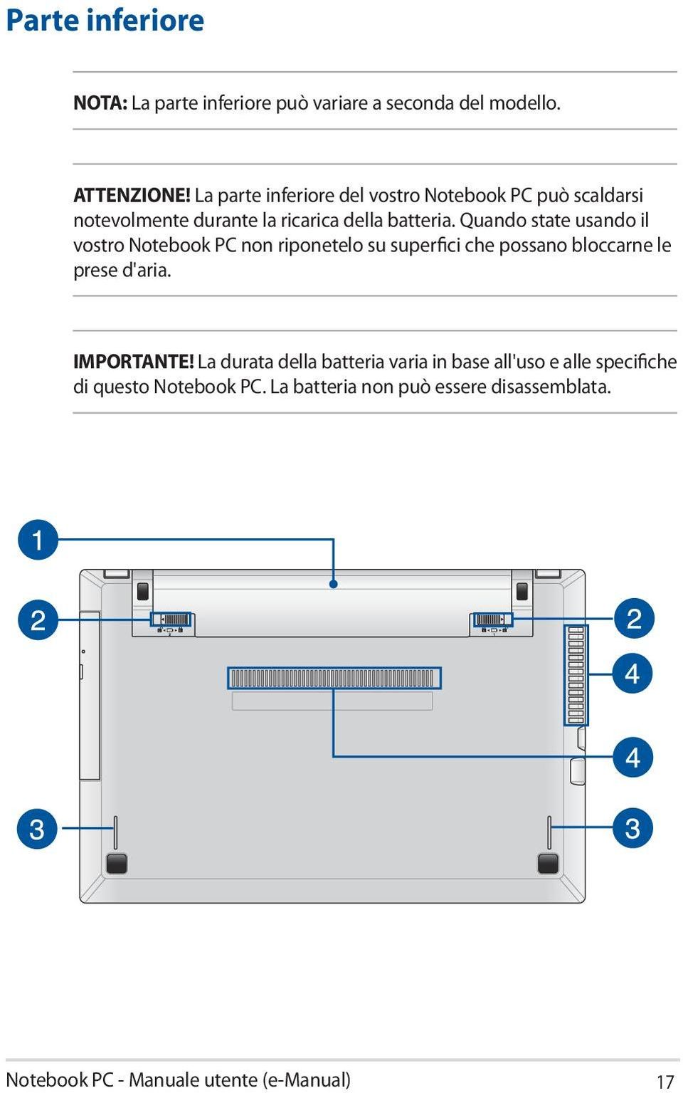 Quando state usando il vostro Notebook PC non riponetelo su superfici che possano bloccarne le prese d'aria. IMPORTANTE!