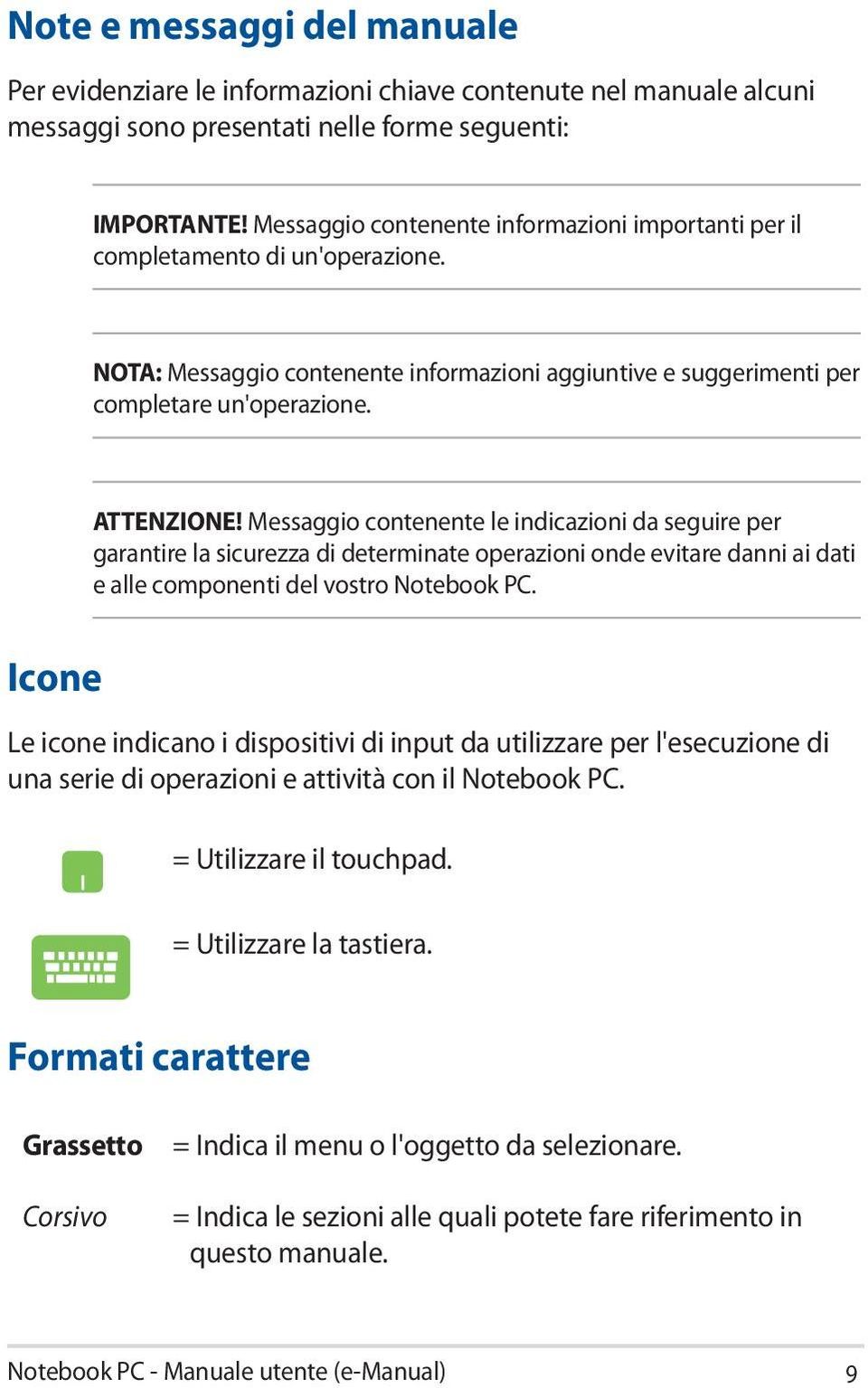 Messaggio contenente le indicazioni da seguire per garantire la sicurezza di determinate operazioni onde evitare danni ai dati e alle componenti del vostro Notebook PC.