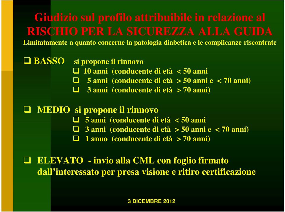 anni (conducente di età > 70 anni) MEDIO si propone il rinnovo 5 anni (conducente di età < 50 anni 3 anni (conducente di età > 50 anni e < 70