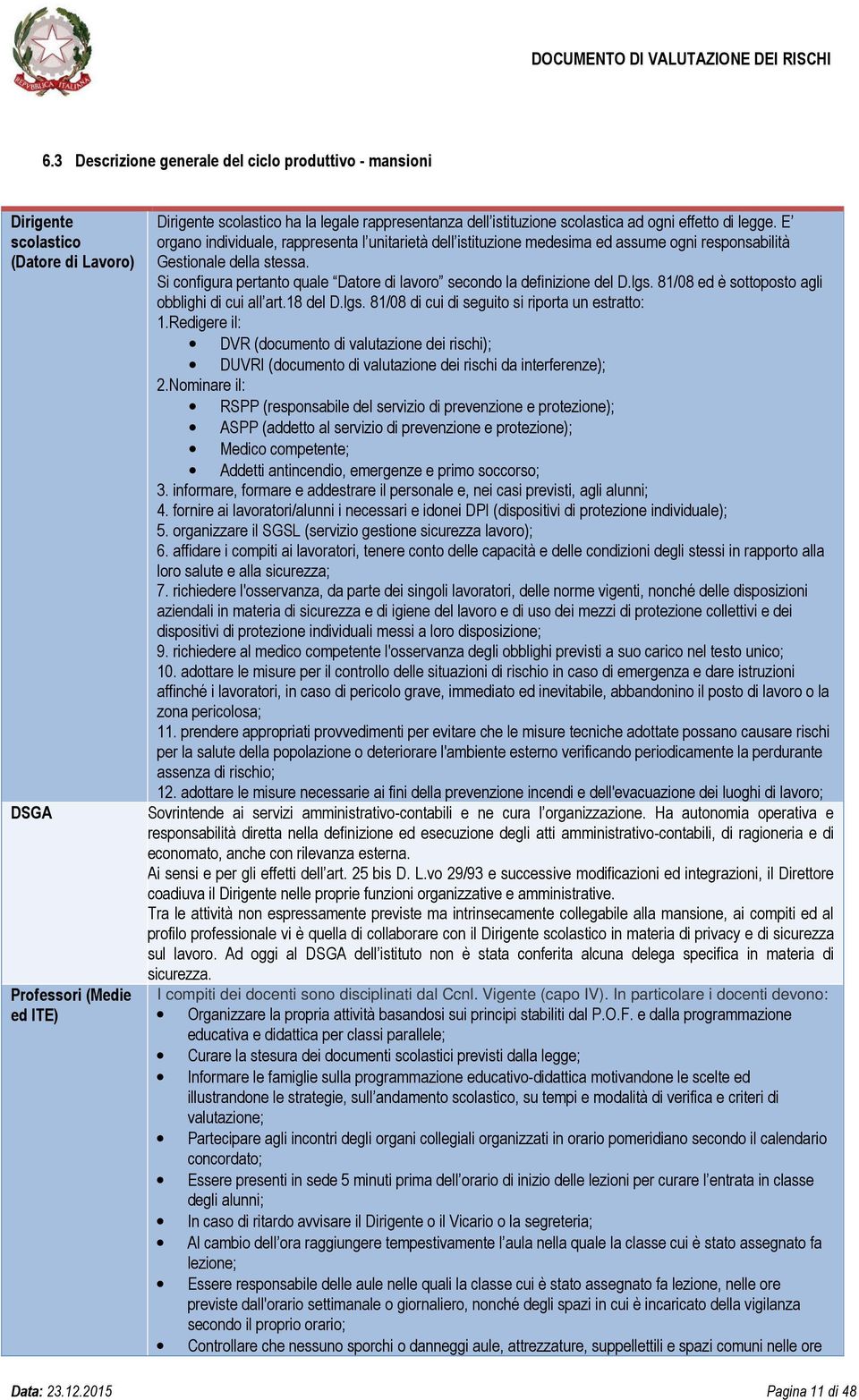 Si configura pertanto quale Datore di lavoro secondo la definizione del D.lgs. 81/08 ed è sottoposto agli obblighi di cui all art.18 del D.lgs. 81/08 di cui di seguito si riporta un estratto: 1.