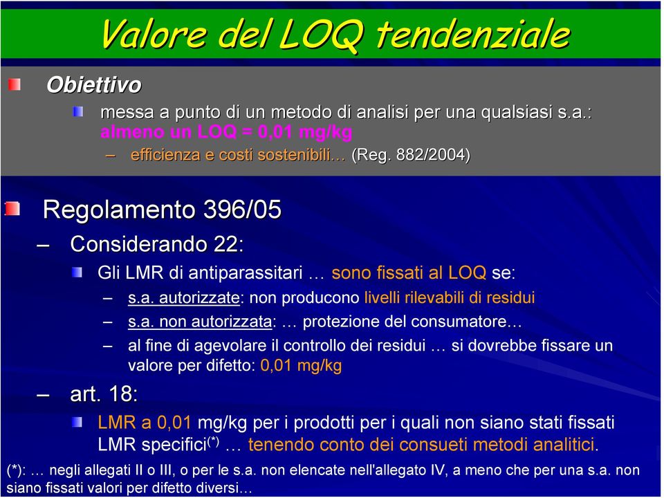 18: LMR a 0,01 mg/kg per i prodotti per i quali non siano stati fissati LMR specifici (*) tenendo conto dei consueti metodi analitici. (*): negli allegati II o III, o per le s.a. non elencate nell'allegato IV, a meno che per una s.