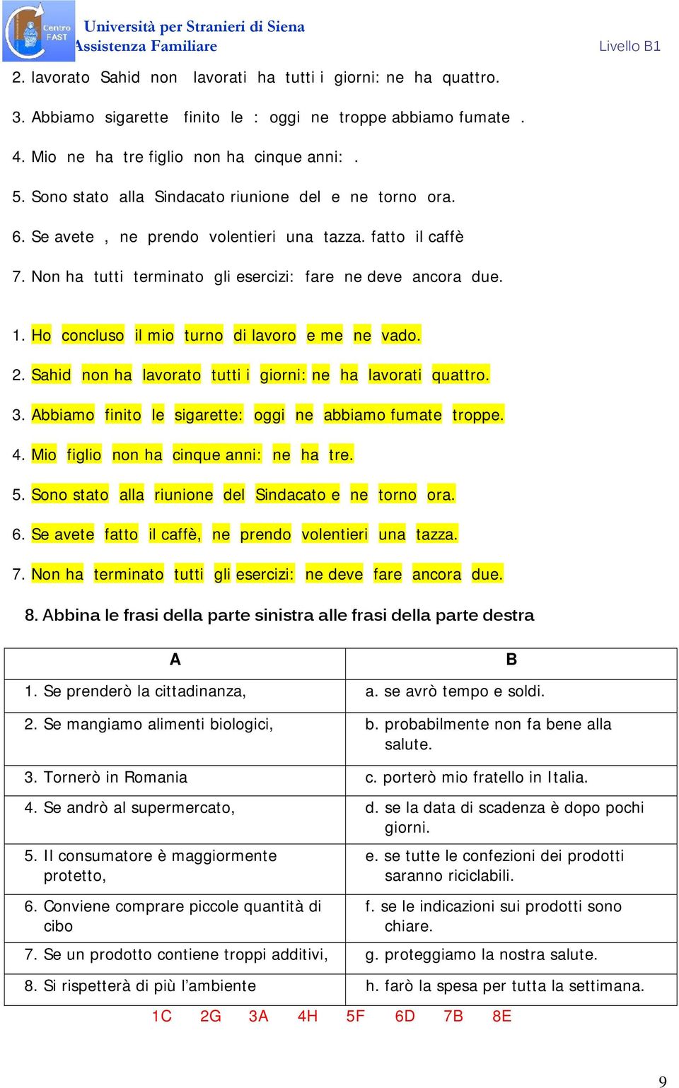 Ho concluso il mio turno di lavoro e me ne vado. 2. Sahid non ha lavorato tutti i giorni: ne ha lavorati quattro. 3. Abbiamo finito le sigarette: oggi ne abbiamo fumate troppe. 4.