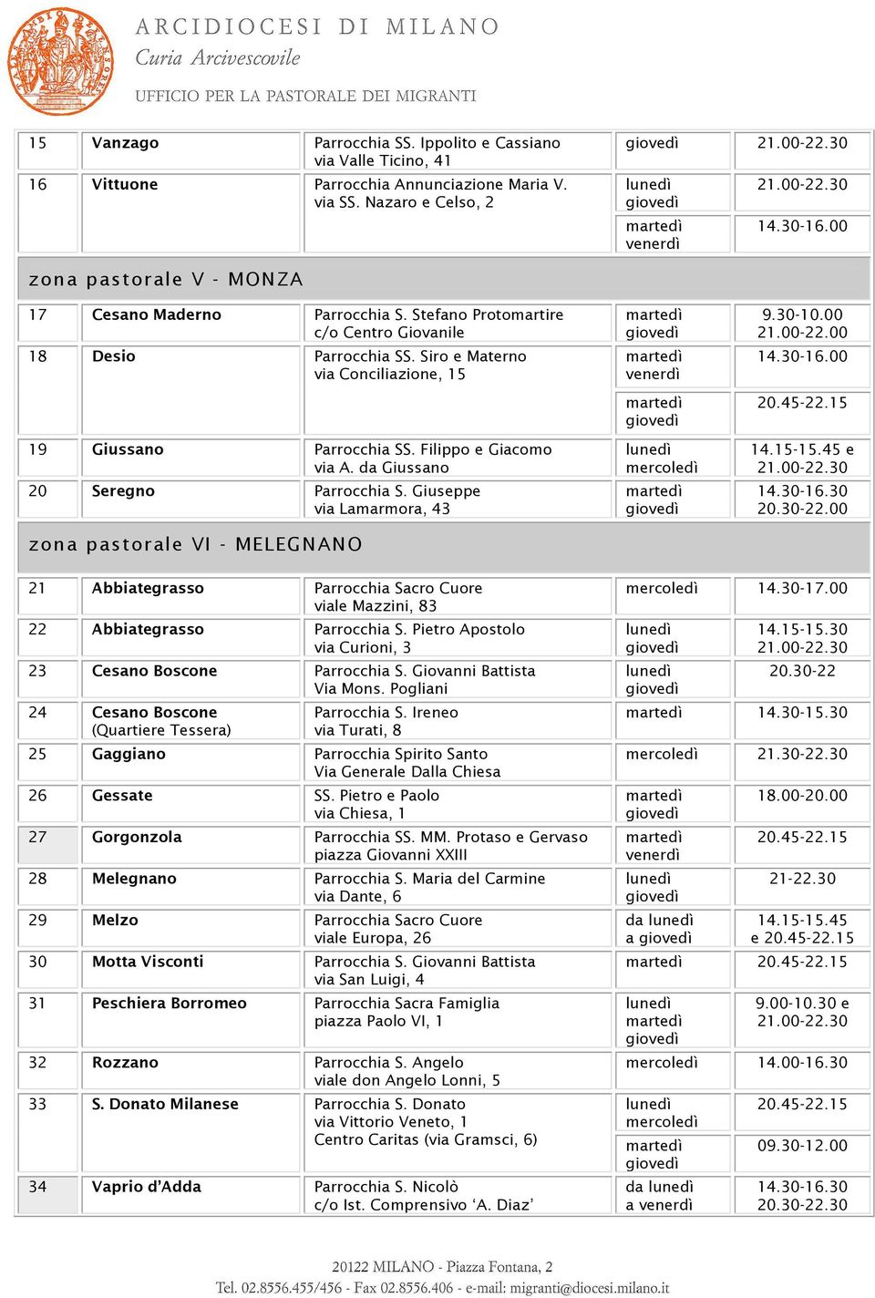 Filippo e Giacomo via A. da Giussano 20 Seregno Parrocchia S. Giuseppe via Lamarmora, 43 zona pastorale VI - MELEGNANO 9.30-10.00 21.00-22.00 14.30-16.00 20.45-22.15 14.15-15.45 e 20.30-22.
